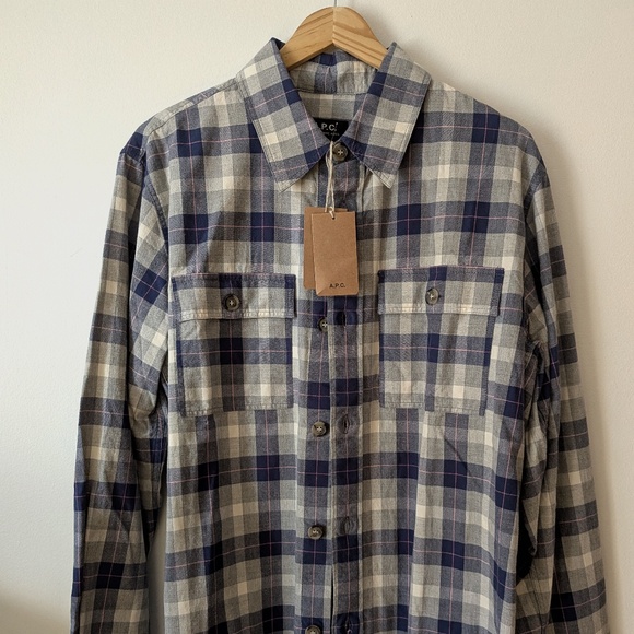APC Mens Medium Surchemise Bastian Purple and Gray Plaid Button Up Shirt - Picture 1 of 4